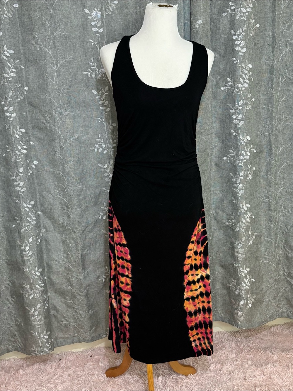 Green Dragon Black Midi Dress with Pink & Orange Tie-Dye Panels
